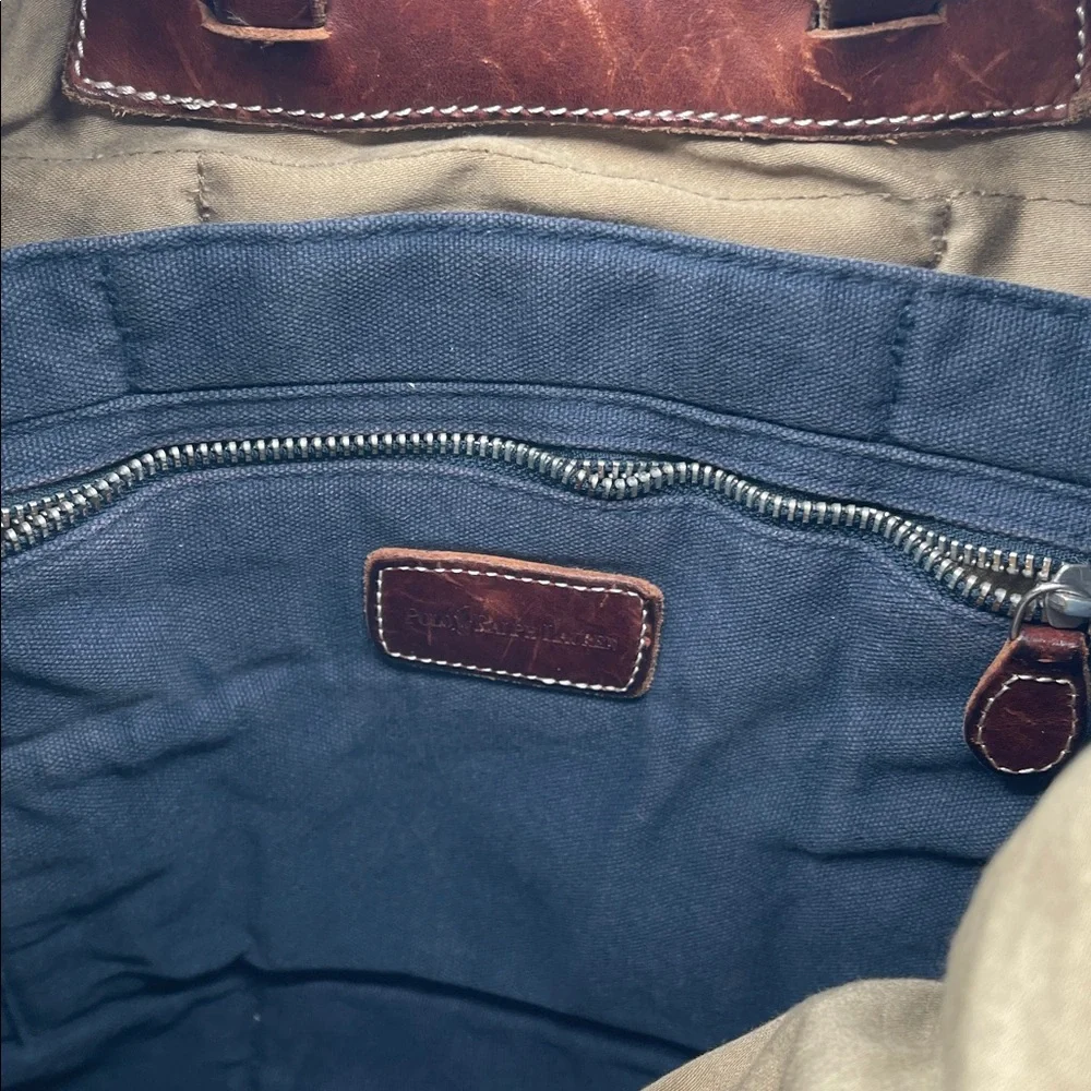 Polo Ralph Lauren Navy Canvas Brown Leather Trim Rucksack Backpack Vintage